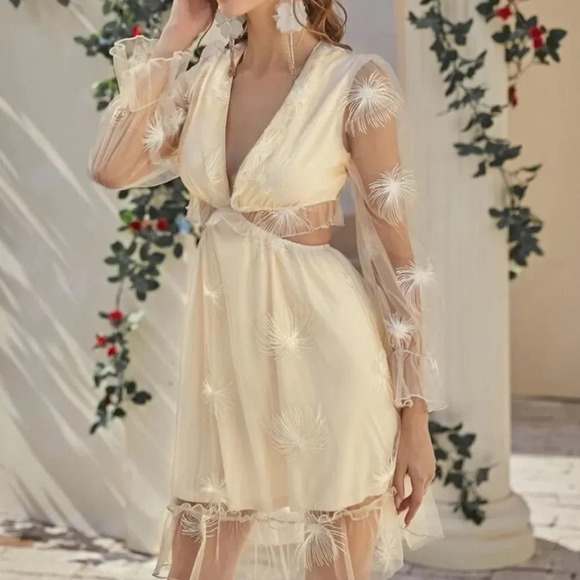 NEW! Mesh Floral Lace Plunging Neck Cut Out Lace Up Dress - Picture 4 of 8